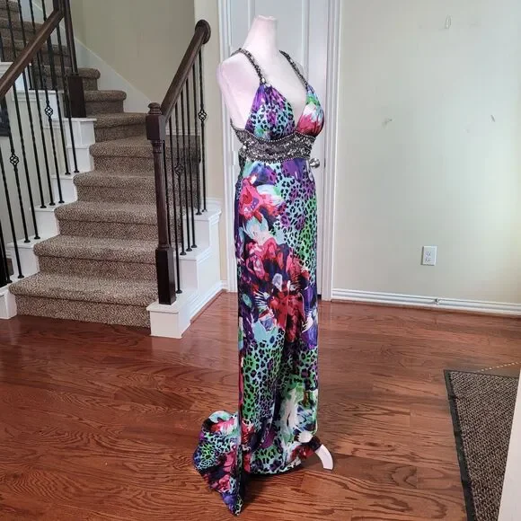 Xscape Y2K Slip Prom Gown Purple 10 Beaded Leopard Print Train Formal Open Back - Picture 4 of 17